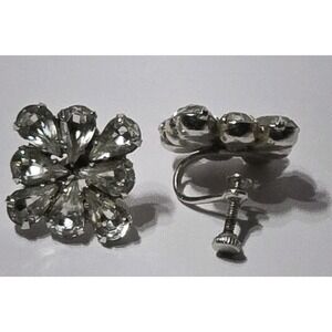 Vintage Rhinestone Flower Cluster Screwback Earrings Silver Tone Teardrop Stones